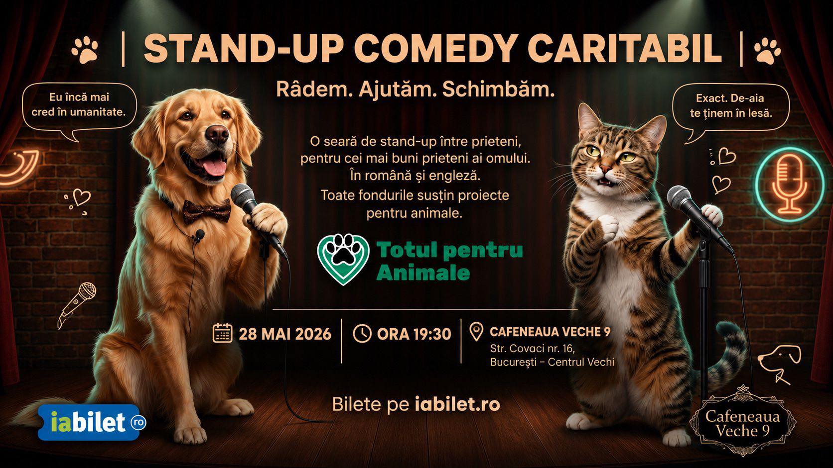 Râdem pentru o cauză bună: Seară de stand-up caritabil pentru animale în București, pe 28 mai, la Cafeneaua Veche 9